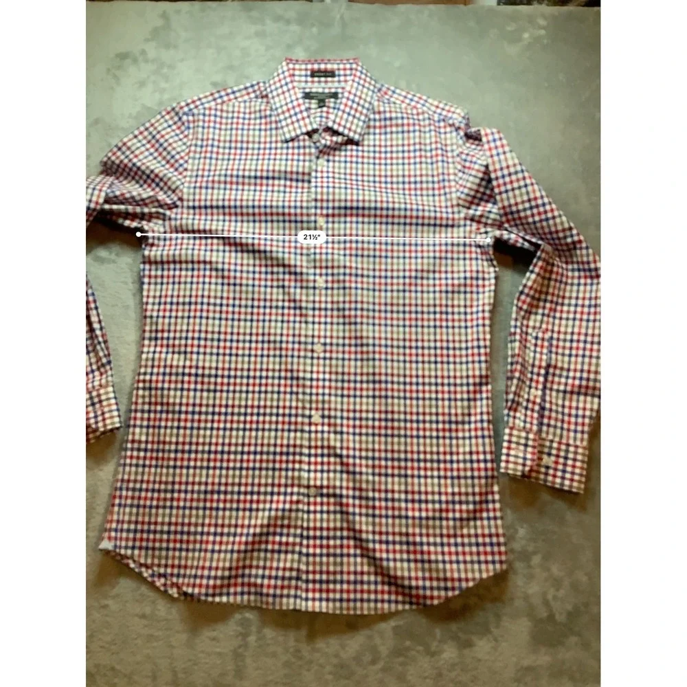 Banana Republic Grant Fit Shirt Mens Large Red Blue Gingham NoIron Stretch Shirt